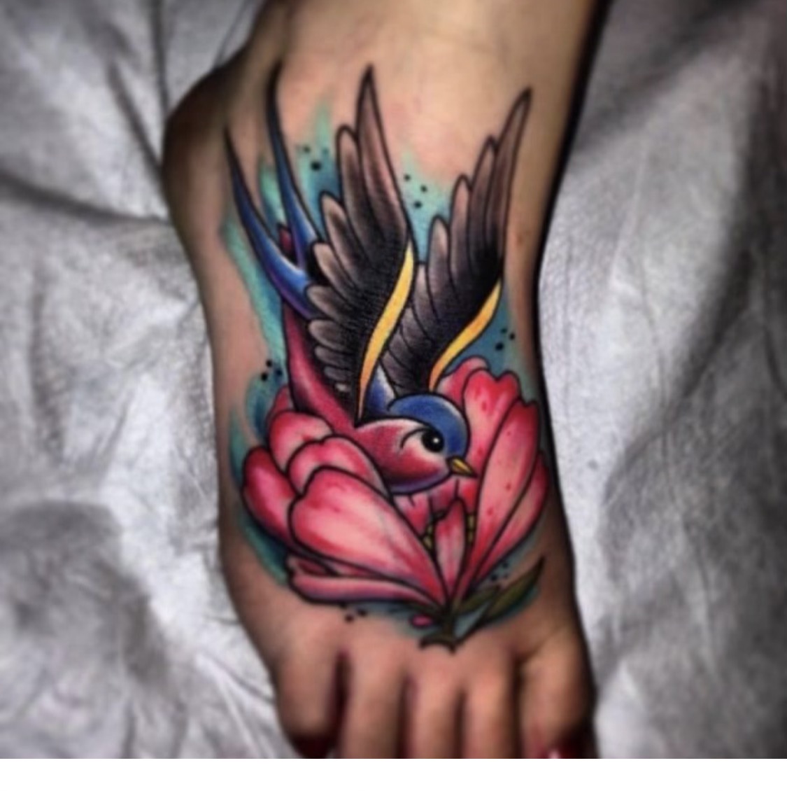 Bird Flower Tri Pink Tattoo