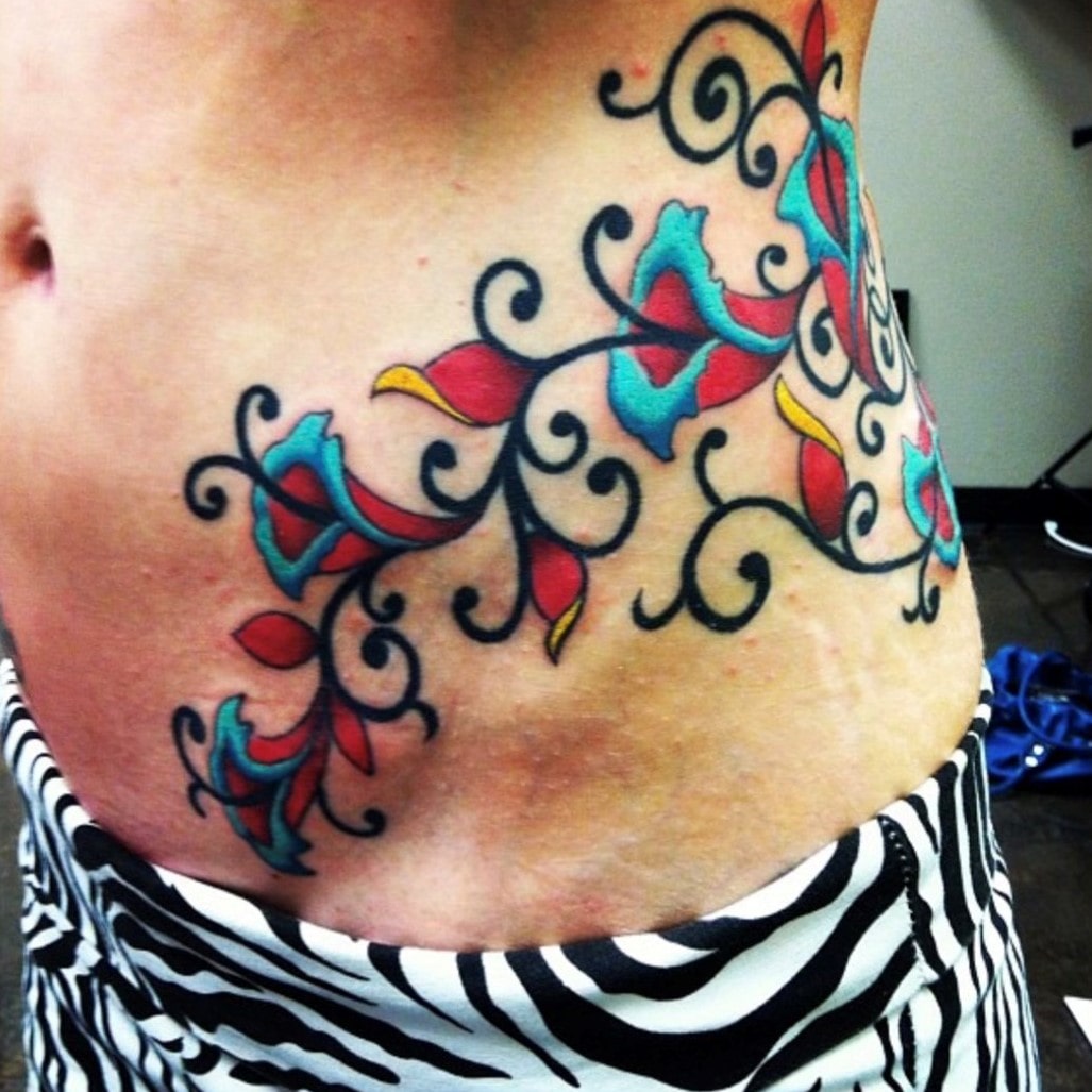 Colorful Flower Art Belly Tattoo Las Vegas Trip Ink Tattoo