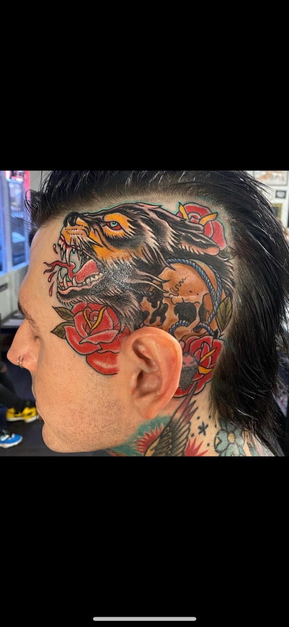 Dog Flower Skull Tri Pink Tattoo