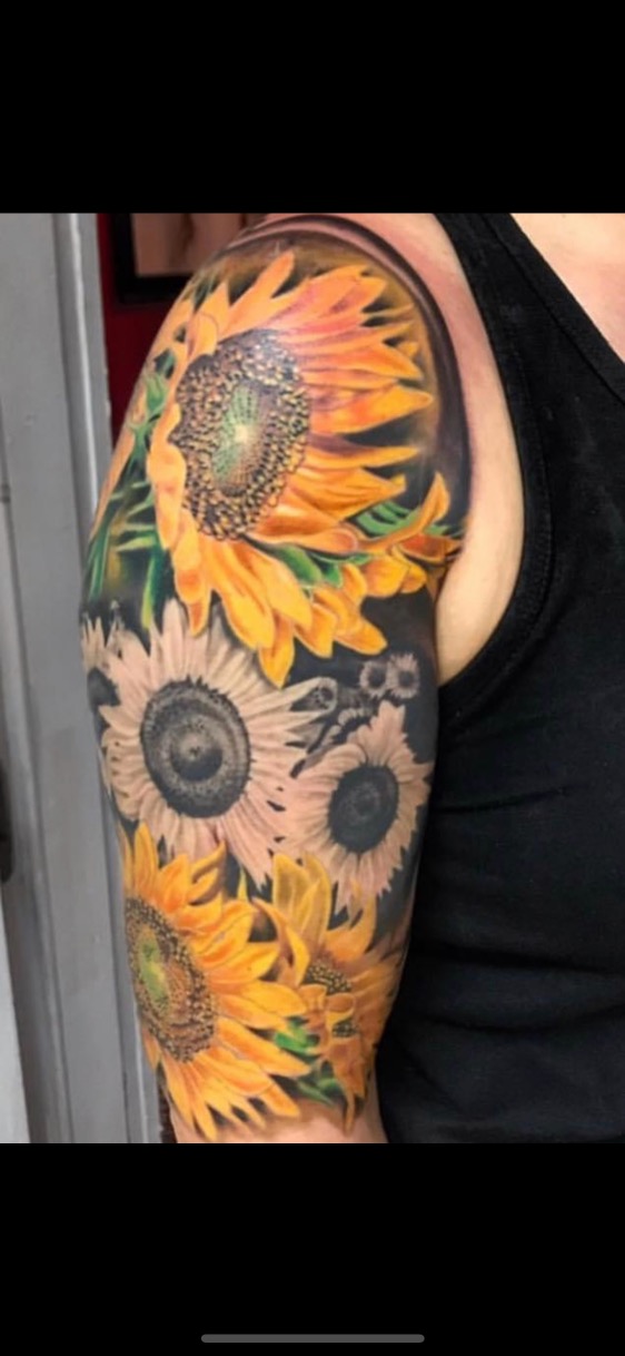 Sunflowers Flowers Yellow Tri Pink Tattoo